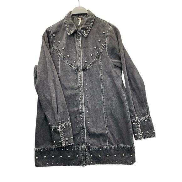 Free People Bennett Mini Denim Studded Dress Jacket Black Sz Medium - Picture 5 of 15